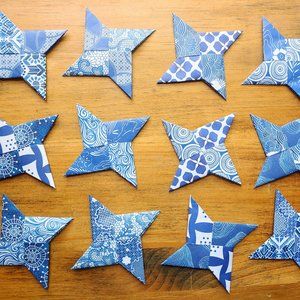 Pack of 12 Hand-Folded Origami Throwing Stars, Shuriken | Blue and White